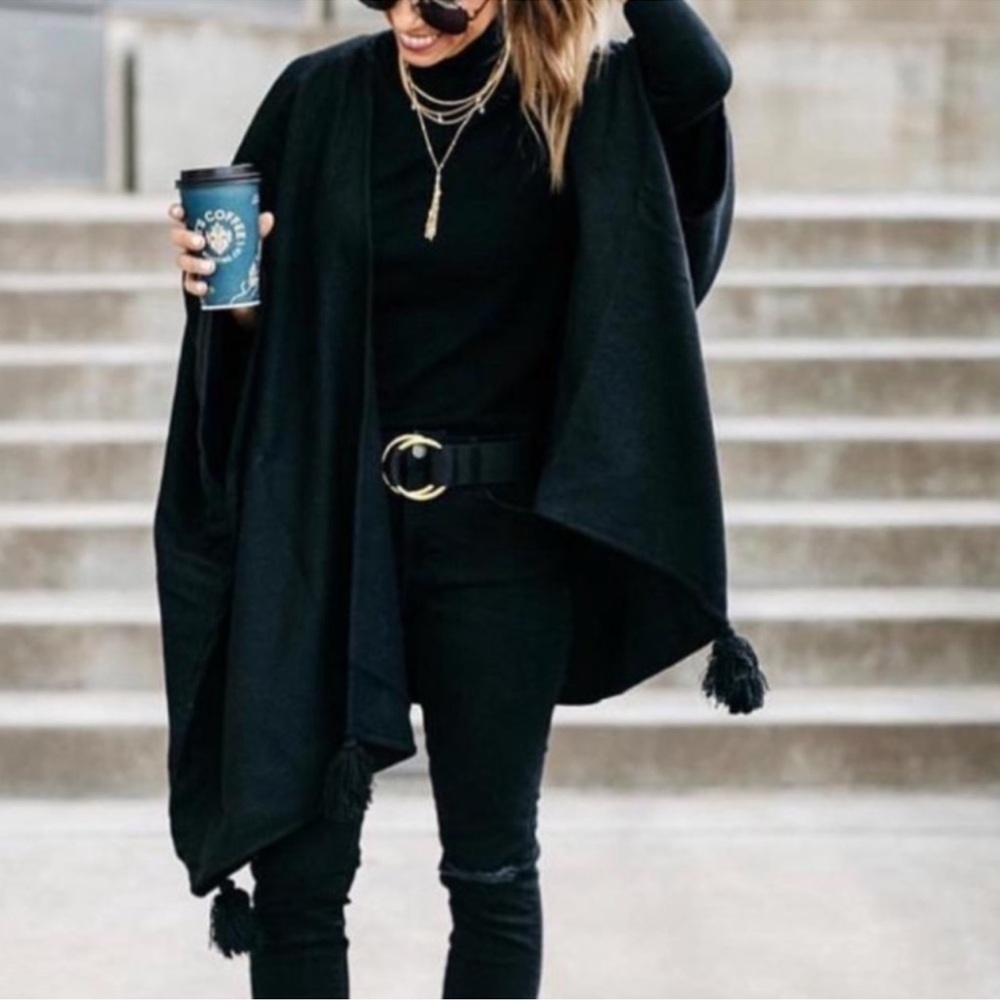 Cleobella Black Wrap Sevigny Capelet Shawl Tassels Poncho Open Front OS